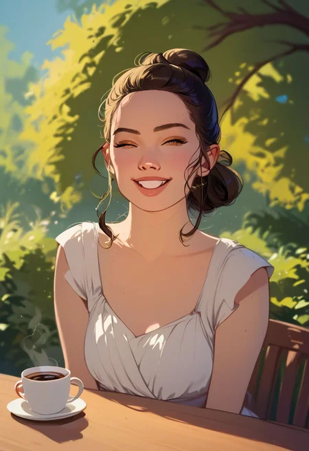 score_9, score_8_up, score_7_up, score_6_up, score_5_up, score_4_up, 1girl, rey, casual outfit, closeup portrait, updo, looking at viewer, laughing, sitting in a cafe at a table, hot coffee in round ceramic coffee cup, medium breasts, perfect teeth, teardrop_boobs, tiny waist, narrow hips, petite, innocent, small body,