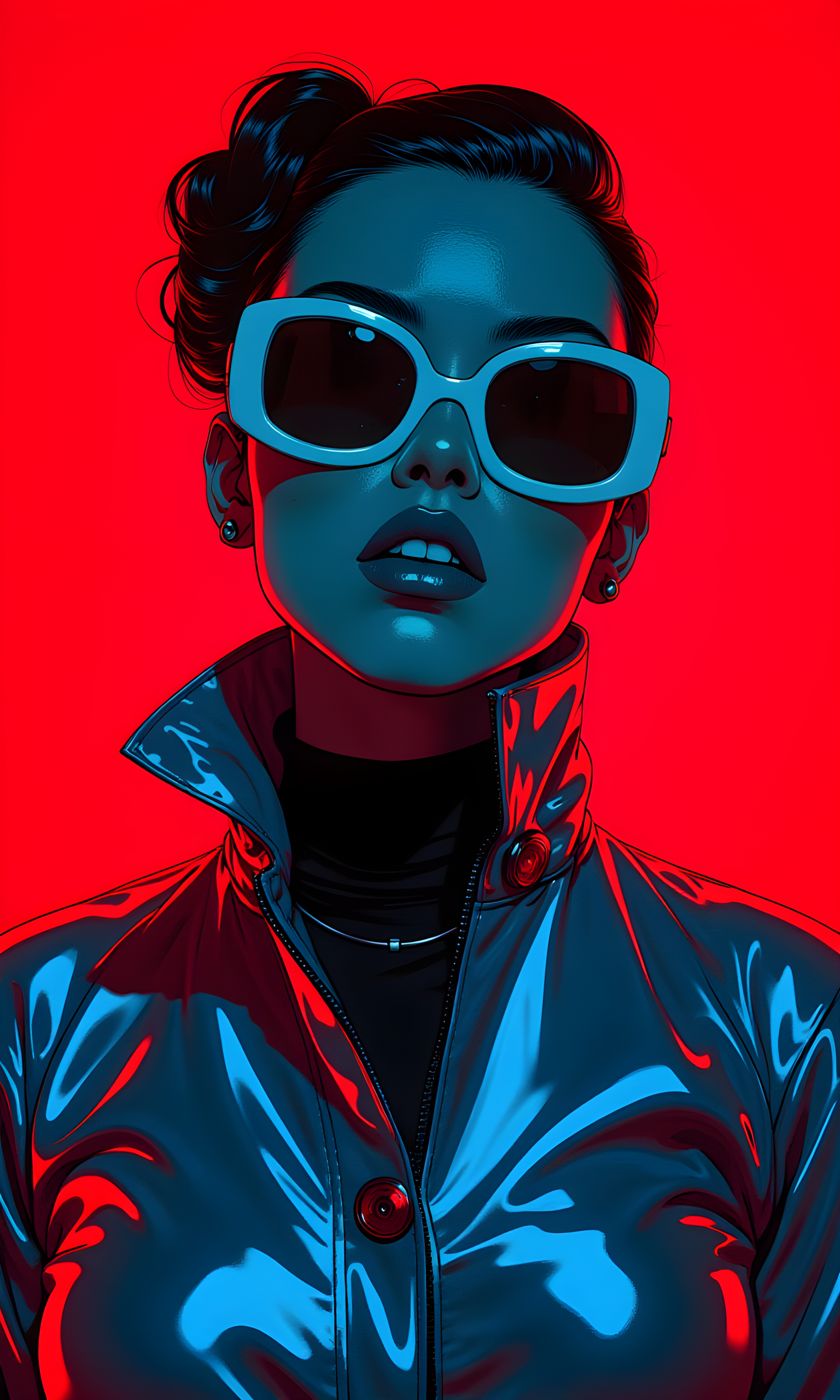 A striking and artistic portrait featuring a woman with a bold and futuristic aesthetic. The background is a deep, rich red that contrasts sharply with the cool blue tones of her outfit and skin. The woman is wearing large, white-framed sunglasses that add to the overall retro-futuristic vibe. 
Her hair is styled in a sleek, pulled-back manner, and she has a confident and slightly defiant expression on her face. She is dressed in a high-collared, metallic-looking jacket with large buttons, which gives her a strong and commanding presence. The lighting in the image is dramatic, with shadows and highlights that emphasize the contours of her face and the texture of her clothing. 
The overall mood of the image is one of strength, confidence, and individuality. The combination of the vibrant colors, the stylish outfit, and the woman's pose creates a visually stunning and memorable photograph. 
BREAK anime, d13s3lp2nk, bboil artist style, OBdonman, <lora:FLUX\Synesthesia:0.2>, <lora:FLUX\RetroAnimeS1.1:0.4>, <lora:FLUX\Flux-jijia:0.1>, <lora:FLUX\It's a LoRA for portraits, BUT! actually specialized in backgrounds. v1.0:0.1>, <lora:FLUX\GLSHS:0.2>, <lora:FLUX\Dieselpunk Delight - s0_9 g4:0.4>, <lora:FLUX\OBdonman, anime0style portrait:0.1>