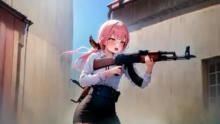 masterpiece, best quality, high resolution, 1girl, solo, open_mouth, embarrassed, sweatdrop, halo, pink_hair, yellow_eyes, horns, white_shirt, red_neck_ribbon, black_skirt, (high-waist_skirt:1.0), holding gun, ak-47, akm, assault rifle, kalashnikov rifle, (aiming:1.2), (from_side:1.2), city, street, <lora:aruLoraCollectionOf_rikuhachimaLORA:1>, <lora:ak47_7:1>, cowboy_shot
