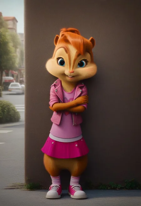 score_9, score_8_up, score_7, score_6, detailed background, town, streets, trees, brittany miller, chipmunk, furry, short ears, jean jacket, pink shirt, pink mini skirt, socks, sneakers, standing, leaning against wall, crossed arms, looking at viewer, front view, cute smile, 6 inches tall