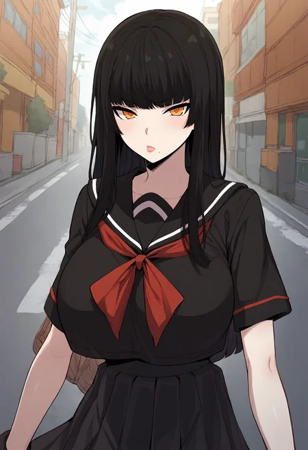 score_9, score_8_up, score_7_up, score_6_up, source_anime, rating_explicit, 1girl, solo, huge breasts, <lora:President Hong prefectPonyxl:0.9> black hair, long hair, hime cut, blunt bangs, orange eyes, mole under mouth, school uniform, black serafuku, short sleeves, black shirt, black sailor collar, red neckerchief, black skirt, pleated skirt, japan, street, outdoors, looking at viewer