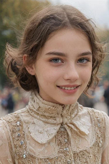 an extremely delicate and beautiful 18yo German girl, young,  raven black hair caught in a bun, golden hairnet with pearls, lightly disheveled hair, strolling through the Englischer Garten in Munich, perky breasts, nipple-piercing, seductive smile, looking sideways at viewer, happy, pigtails, freckles, (natural detailed skin texture:1.1), (moles, abs:0.7), playful, happy, head tilted sideways, perfect white teeth, (white teeth),soft, volumetric light, extremely detailed, intricate detailed steampunk brown leather and green dress, white lace blouse, covered nipples,  with underbust corset laced with golden straps, deep cleavage, subsurface scattering, pokies, covered nipples, remarkable color, ultra realistic, textured skin, remarkable detailed pupils, realistic dull skin noise, visible skin detail, skin fuzz, dry skin, bokeh, sharp focus on subject, (extremely detailed face, beautiful eyes, detailed eyes, symmetric eyes, seductive eyes, slim face:1.3),