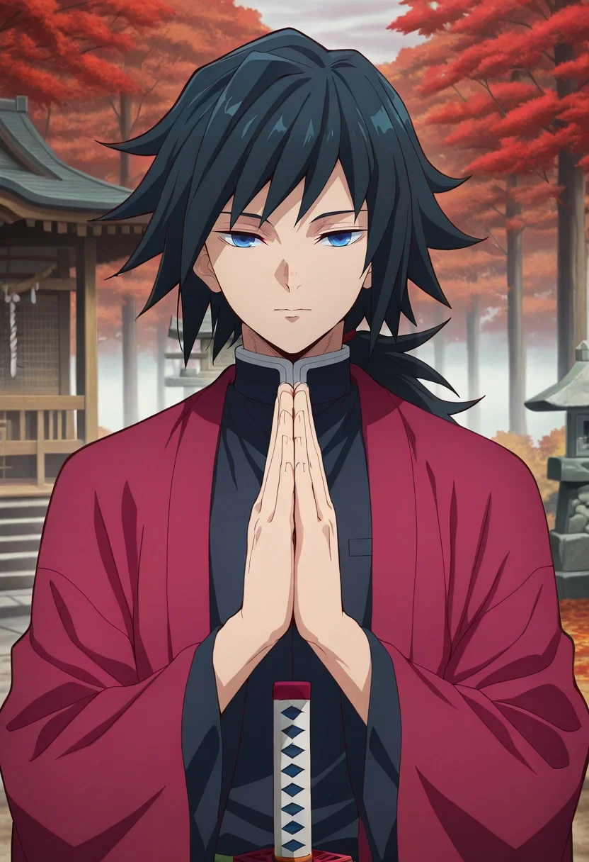 masterpiece, best quality, , anime screencap, anime coloring, official style, looking at viewer, 1boy, solo, male focus, <lora:giyuu_tomioka_ilxl:0.98>, giyuu_tomioka, black hair, blue eyes, bangs, long hair, low ponytail, , sword, autumn forest, red leaves, misty air, stone shrine, praying pose, serene expression, morning fog,