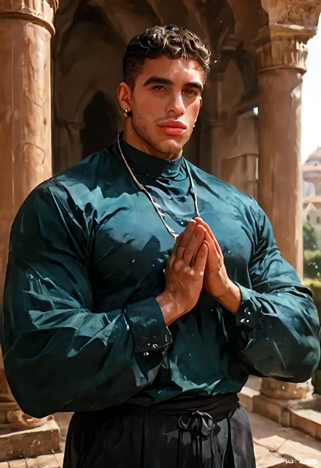 score_9, score_8_up, score_7_up, score_6_up, score_5_up, score_4_up, beautiful Muslim man, handsome, huge biceps, earrings, black, looking at viewer, shy male, male bangles, jewelry, puffy lips, thick thighs, standing, (praying in a mosque), Salah, fully clothed, covered body, conservative clothes,
BREAK
score_9, score_8_up, score_7_up, score_6_up, source_cartoon, (best quality, masterpiece, aesthetic, perfect details,realistic:1.2),aaPO8m1n1