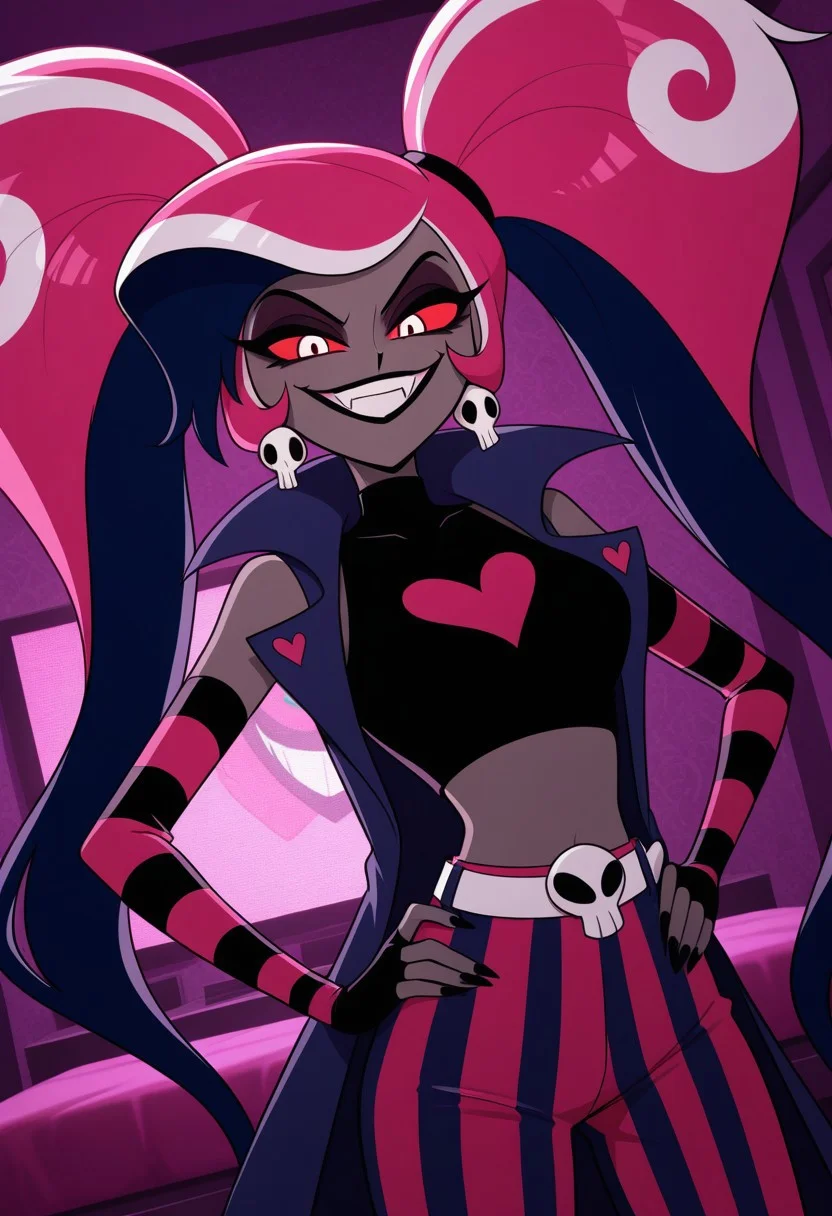 velvette \(hazbin hotel\), velvette, dark eyeshadow, red sclera, pink hair, two-tone hair, twintails, long hair, skull earrings, colored skin, dark skin, fangs, sleeveless dark navy-blue coat, black crop top, bare shoulders, detached sleeves, elbow gloves, fingerless gloves, pants, striped pants
1 girl, , cowboy shot, evil grin inside, bedroom, dutch angle, posing,
looking at viewer
source_artwork, Screen_cap, Original_artwork, cartoon_art, flat_colors