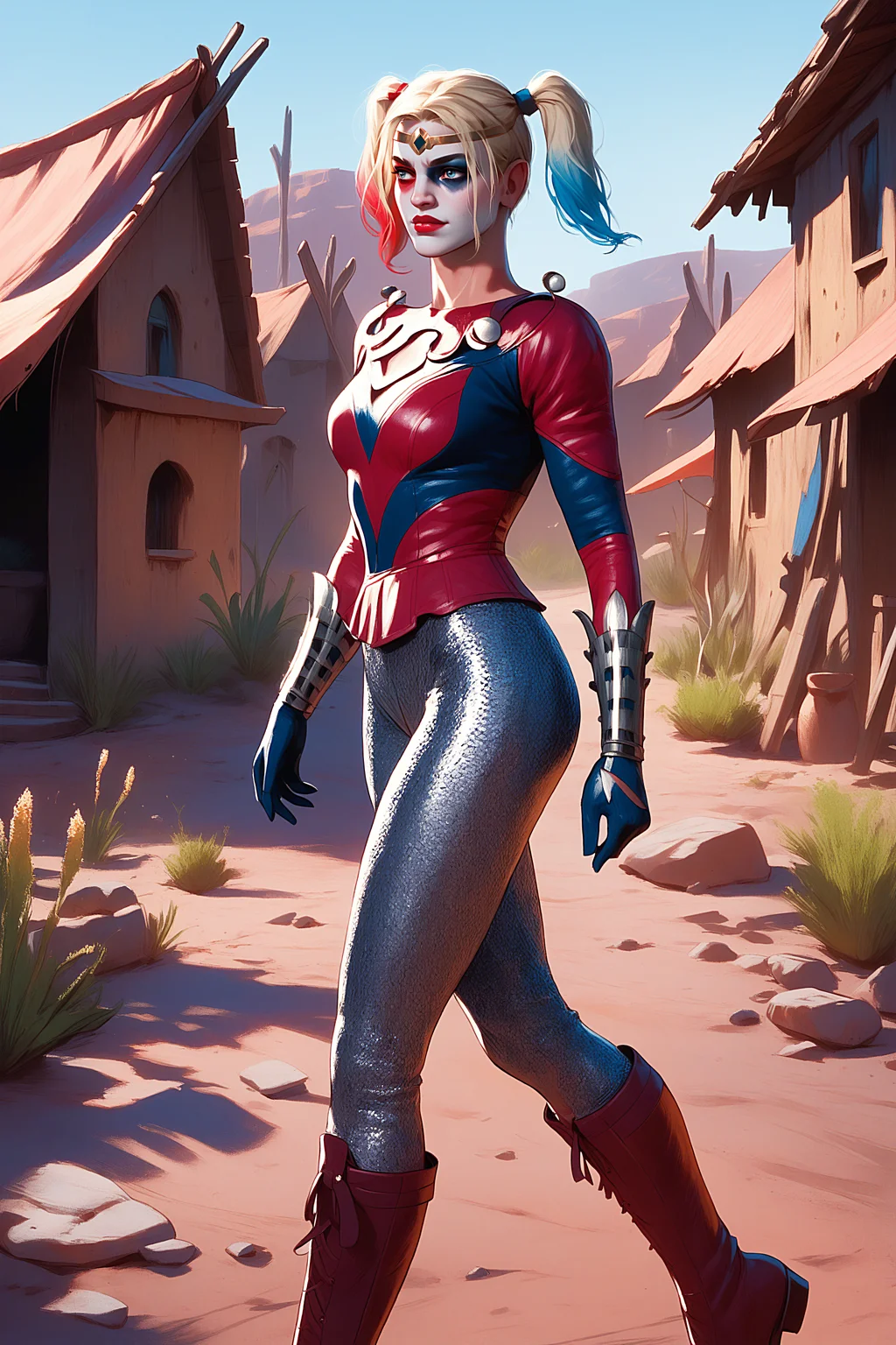 cl3r1c, score_9, score_8_up, score_7_up, 1girl, harley_quinn, dc_comics, blonde_hair, blue_eyes, from side, walking, wild west, cowboys, desert town, cartoon, <lora:5h4rt:1.0>