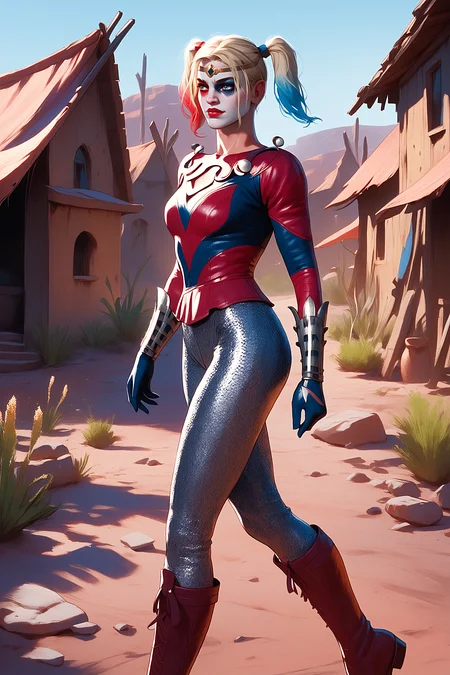 cl3r1c, score_9, score_8_up, score_7_up, 1girl, harley_quinn, dc_comics, blonde_hair, blue_eyes, from side, walking, wild west, cowboys, desert town, cartoon, <lora:5h4rt:1.0>