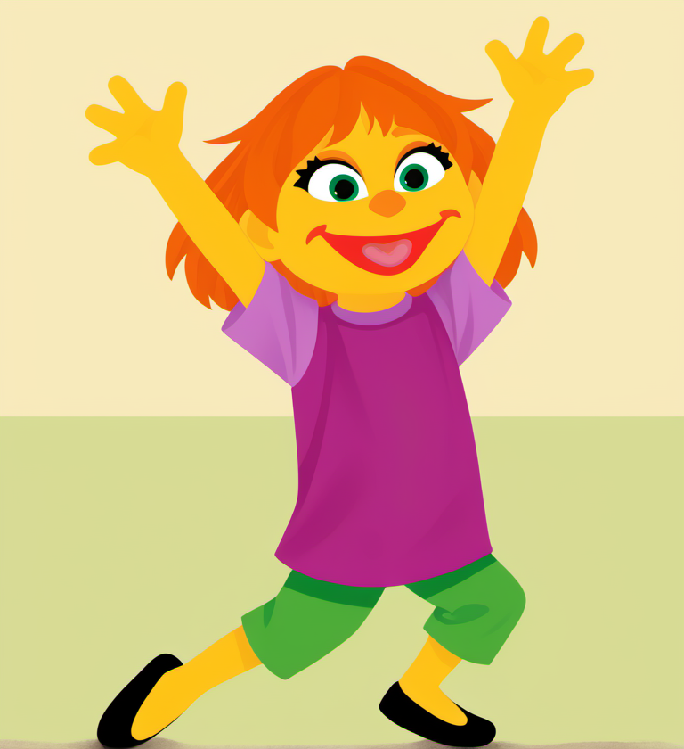 1girl, solo, julss1, yellow skin, green eyes, colored skin, shirt, smile, open mouth, tongue, arms up, full body, orange hair, short hair, pants, :d, child, black footwear, purple shirt, green short pants, <lora:julss1-000006:1>,