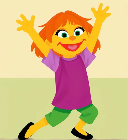 1girl, solo, julss1, yellow skin, green eyes, colored skin, shirt, smile, open mouth, tongue, arms up, full body, orange hair, short hair, pants, :d, child, black footwear, purple shirt, green short pants, <lora:julss1-000006:1>,