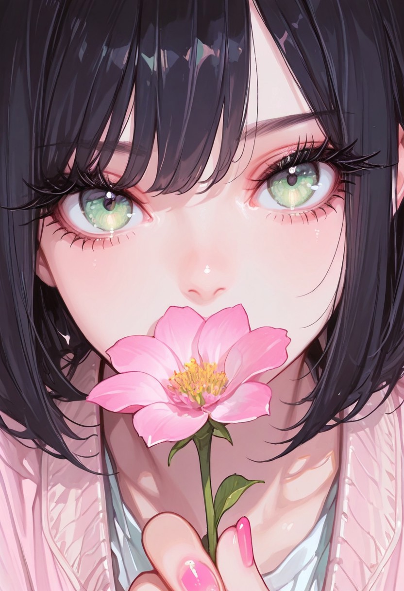 masterpiece, best quality, absurdres, highres, ((dramatic close-up)), 1girl, looking at viewer, she is holding a big pink flower, dark hair, jacket, vintage shirt, pink nails, green eyes, long eyelashes, cinematic composition, ultra-detailed, high-quality,