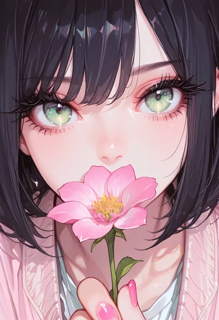masterpiece, best quality, absurdres, highres, ((dramatic close-up)), 1girl, looking at viewer, she is holding a big pink flower, dark hair, jacket, vintage shirt, pink nails, green eyes, long eyelashes, cinematic composition, ultra-detailed, high-quality,
