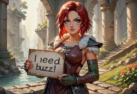 score_9, score_8_up, score_7_up, score_6_up, highest quality, high detail, accurate, masterpiece, correct hand, 5-fingers, perfect anatomy, best quality, beautiful lighting, (highest quality), intricate details, perfect face, (1girl, Aela the Huntress), red hair, green eyes, medium breasts,armor, fingerless gloves, quiver, pauldrons, skirt, fur trim), buzz, need_buzz, holding sign