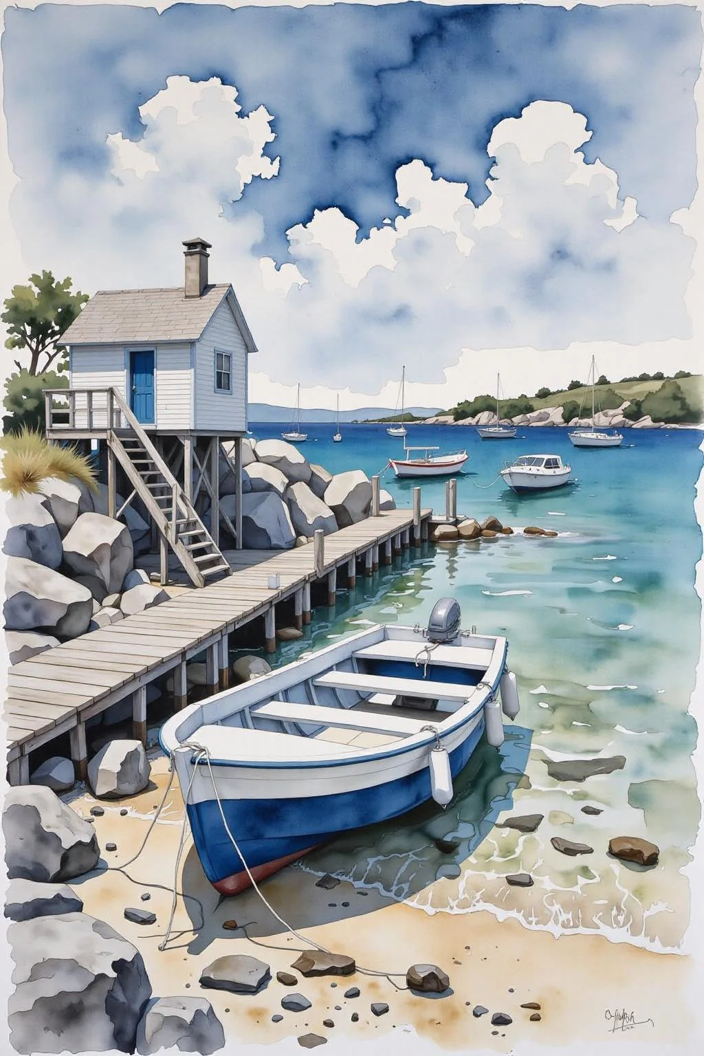 yawc1 watercolor.
A watercolor painting of a small boat on a beach. The boat is blue and white in color and is anchored at a wooden pier. The pier is made of wooden planks and is surrounded by rocks and pebbles. On the left side of the image, there is a small white building with a sloping roof and stairs leading up to it. In the background, there are other boats on the water and a rocky shoreline. The sky is blue with white clouds and the water is a deep blue-green color. The painting has a soft, dreamy quality to it, with the colors blending together to create a sense of depth and texture. <lora:Flux-Sch-SingleBlocks-BF16:1.0> <lora:yawcolor_flor2_d4a2:0.8><lora:798979335995466068:0>