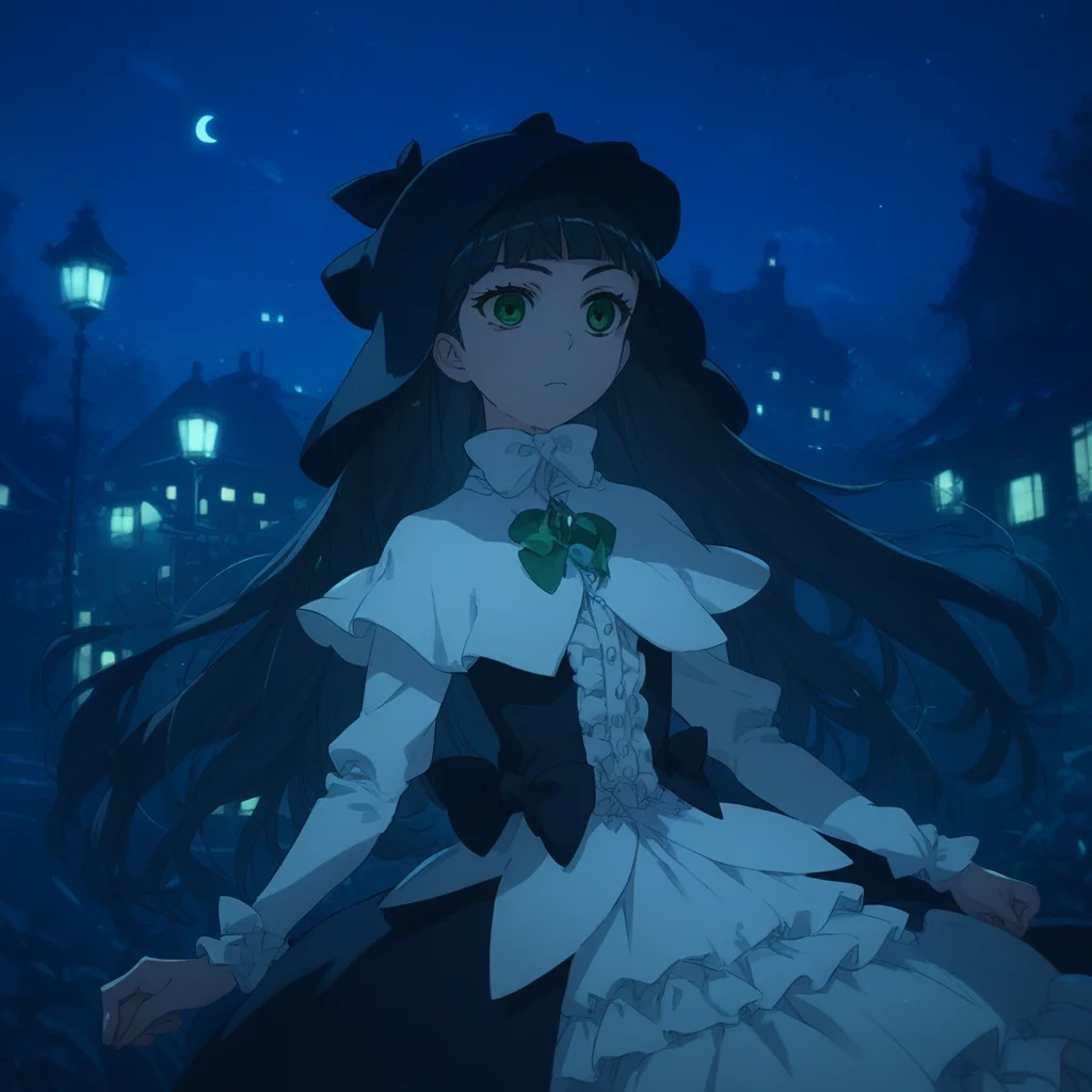 anime coloring, score_9, score_8_up, score_7_up, score_6_up, jane elves, toaru, 1girl, dark, green eyes, night, long hair, black hair, hat, bow, caplet, frilly dress