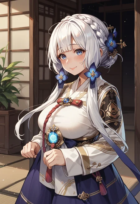 score_9, score_8_up, score_7_up,  mlillusreh, blue eyes, blush, crown braid, hair ornament, hair ribbon, hanbok, korean clothes, (large breasts:1.8), long hair, long sleeves, mole under eye, smile, white hair, blue skirt, gold trim, hair flower,   <lora:illustrious-hanbok-pdxl-v2:1>