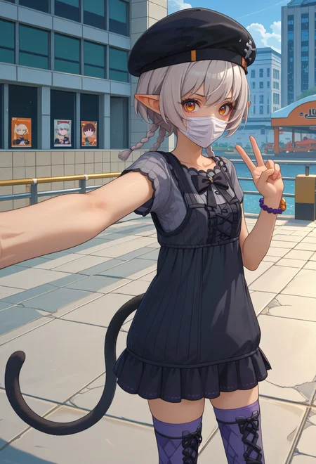 score_9, score_7_up, source_anime, BREAK <lora:AEArchie:0.8> AEArchie, orange eyes, brown eyes, grey hair, short hair, low twintails, twin brainds, pointy ears, animal ears, braid, cat tail, dark-skin, mole under eye, tail bow, mouth mask, black headwear, beret, black bow, grey shirt, short sleeves, black dress, short dress, center frills, bead bracelet, watch, argyle legwear, grey thighhighs, purple thighhighs, blue thighhighs, boots, cross-laced, white footwear, zettai tyoiki,
selfie stick, v,
