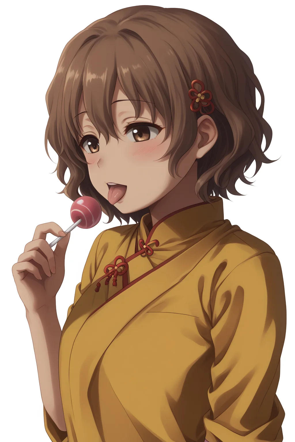 zPDXLpg, 1girl, solo, half-closed eyes, blush, tongue out, licking lollipop using tongue, seductive, upper body, focus face, young, from side,
 <lora:matsumae_ohana_XL-bf16-pony-v1:1> matsumae ohana, school uniform, japanese clothes, china dress, <lora:hand 4:1> Hand, five fingers,,