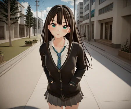 masterpiece, best quality, amazing quality, , 1girl, solo, looking at viewer, shibuya rin, cardigan, shirt, skirt, outdoors, <lora:New Kizuna AI ILL-v2:1> newkizunaai, 3d,