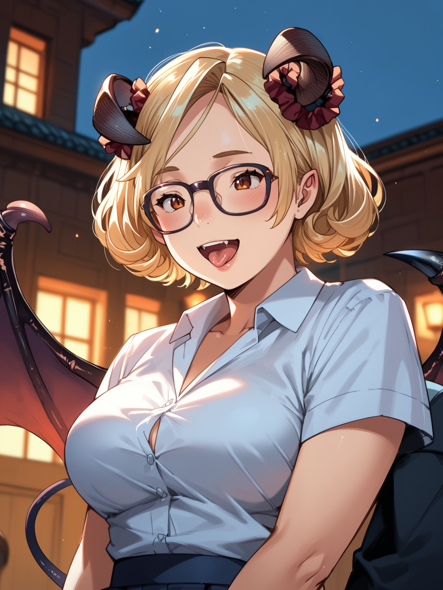 (upper body, solo focus:1.2) <lora:happy_tentacle-mako-v0.1-000031:1>, ht_mako, blonde hair, brown eyes, large breasts, glasses, demon girl, demon wings, demon horns, demon tail, hair scrunchie (petite:1.2), <lora:Shed_The_Skin's StS_age_slider_v1_initial_release:-1.2> ( :1.1) ( , , ( :1.2) , torogao , (looking at another:1.2) :1.1) , outdoors, vegetation, (overgrown :1.1), , (dusk :0.6), , (:0.5), (people:1.1) , (chinese architecture :0.9) (( from below :1.3) :0.8) score_9, score_8_up, score_7_up, score_6_up, score_5_up, score_4_up, ( [(realistic, photorealistic:1.3):(realistic:1.2):18] [(3d:1.2)::16] :1) <lora:LUUNA's Lunas-NijiJourney-SDXL-B2:0.35>, nijijourney <lora:prgfrg23's Counterfeit-V3.0 Style SDXL_LoRA_Pony Diffusion V6 XL:0.5> <lora:mfcg's mfcgXL:0.12> <lora:reweik's gyokai(himehajime)_PonyXL_style_v01:0.14>