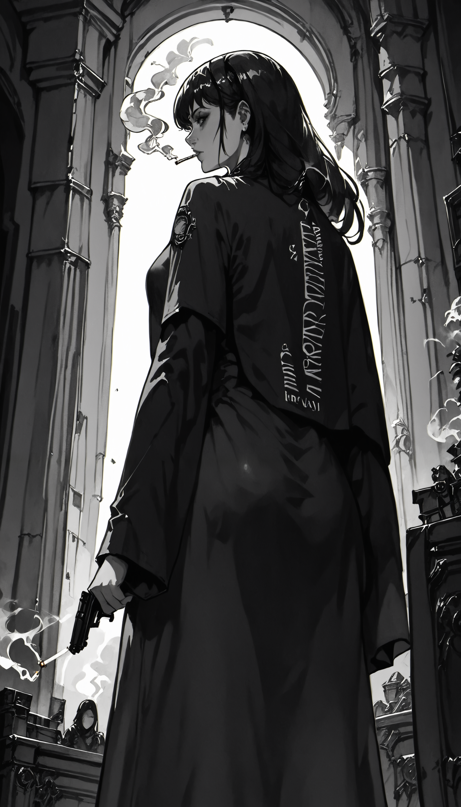 score_9, score_8_up, score_7_up, xenotr1p, monochrome, noir style , orthodox_nun, nun, black cassock, female, medium breast, cigarette, pistol, smoke, low angle, dominant pose, from behind, <lora:ZEL\orthodox_nun_v0.2-000009.safetensors:0.8:1> <lora:ENCHANCE\XL_lora_offset_02.safetensors:0.3:1> <lora:pony_style\Xenotrip_v.2.safetensors:1:1> <lora:ENCHANCE\add-detail-xl.safetensors:0.6:1>