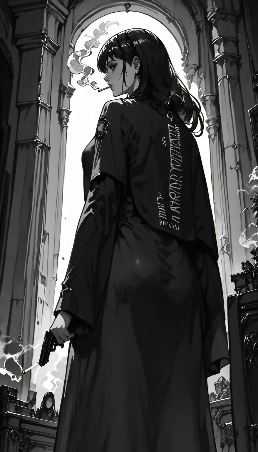 score_9, score_8_up, score_7_up, xenotr1p, monochrome, noir style , orthodox_nun, nun, black cassock, female, medium breast, cigarette, pistol, smoke, low angle, dominant pose, from behind, <lora:ZEL\orthodox_nun_v0.2-000009.safetensors:0.8:1> <lora:ENCHANCE\XL_lora_offset_02.safetensors:0.3:1> <lora:pony_style\Xenotrip_v.2.safetensors:1:1> <lora:ENCHANCE\add-detail-xl.safetensors:0.6:1>