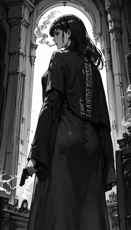 score_9, score_8_up, score_7_up, xenotr1p, monochrome, noir style , orthodox_nun, nun, black cassock, female, medium breast, cigarette, pistol, smoke, low angle, dominant pose, from behind, <lora:ZEL\orthodox_nun_v0.2-000009.safetensors:0.8:1> <lora:ENCHANCE\XL_lora_offset_02.safetensors:0.3:1> <lora:pony_style\Xenotrip_v.2.safetensors:1:1> <lora:ENCHANCE\add-detail-xl.safetensors:0.6:1>