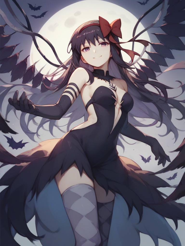 score_9,score_8_up,score_7_up, <lora:akuma_homura:1>ï¼hair bow, black gloves, black dress, elbow gloves, choker, bare shoulders, thighhighs,argyle clothes, full moon, feathered wings, smile, solo, akemi homura, 1girl, halloween, akuma homura, medium breasts