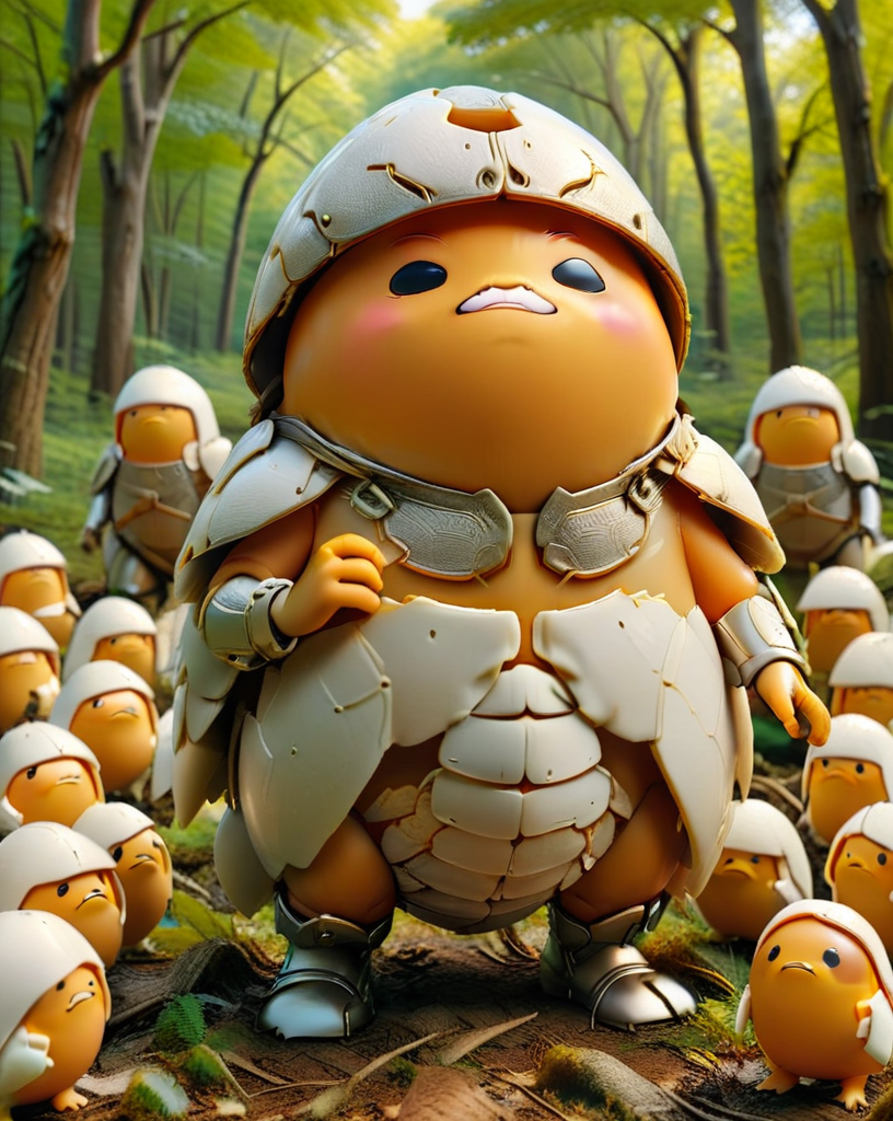 gudetama dressed in egg shell armor, standing in a forrest, leading a hoard of gudetamas,
<lora:gudetama-sdxl-v1:0.7>,  <lora:ral-anmlsktn:0.7>, ral-anmlsktn, <lora:ral-symetrical:1>, ral-symetrical,