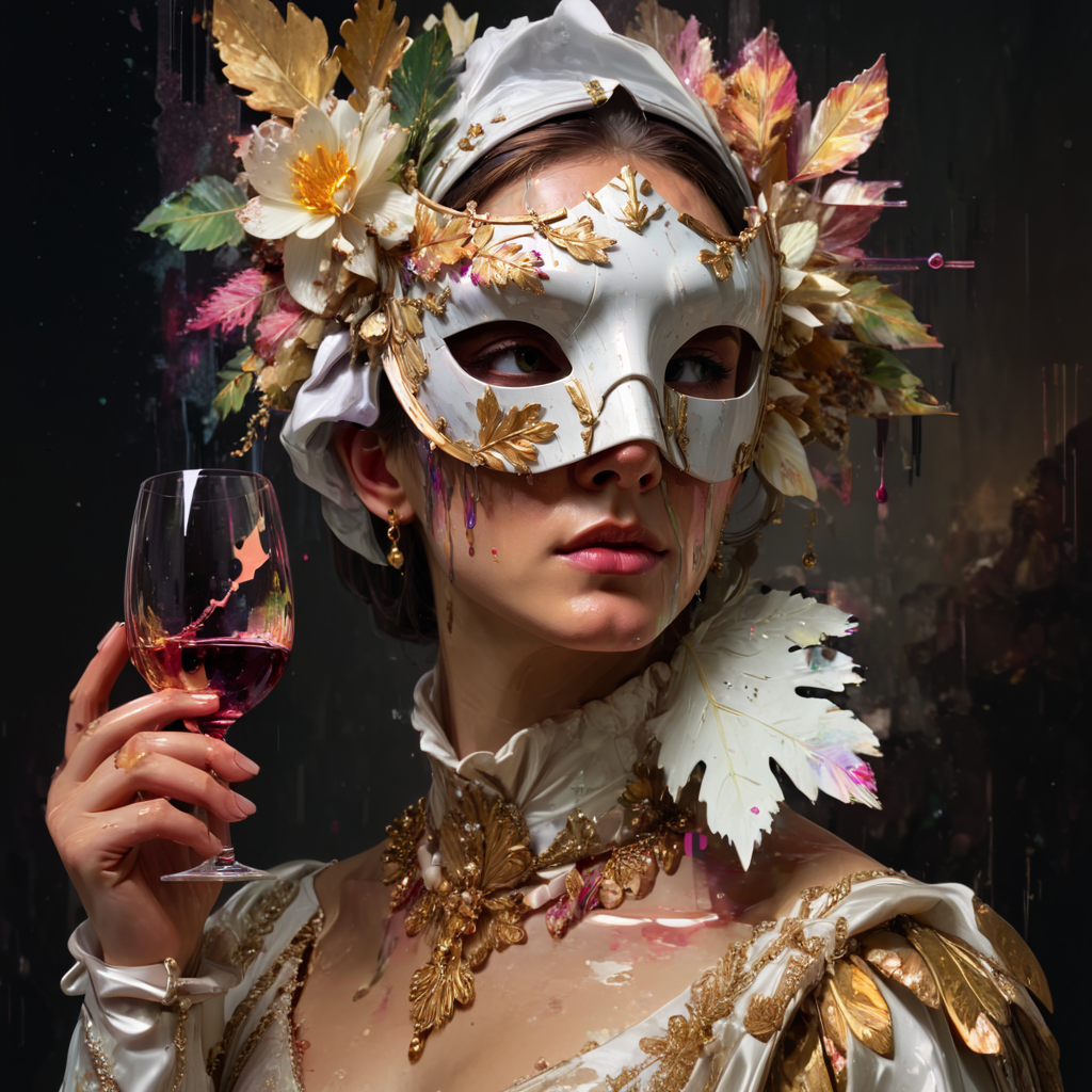 <lora:Baroque_GlitchcoreSDXL:1>  Glitchcore Baroque, The image is a digital art piece that appears to be a portrait of a woman wearing a luxurious and ornate outfit. The woman is wearing a white and gold dress with intricate details and a large headpiece made of flowers and leaves. The headpiece is made up of multiple layers of white and pink flowers with a large white mask covering her eyes. She is also wearing a gold necklace and earrings. The woman is holding a glass of wine in her hand and is looking off to the side with a serious expression on her face. The background is dark with splashes of different colors and textures creating a sense of depth and dimension. The overall mood of the image is mysterious and regal., flower, 1girl, solo, jewelry, gloves, holding, white gloves, cup, necklace, covered eyes