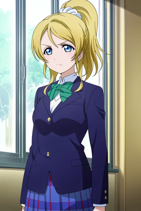 anime screencap, anime coloring, detailed face, masterpiece, best quality, very aesthetic, absurdres, volumetric lighting, official style, amazing quality, ultra detailed, highres, amazing quality, scenery, beautiful detailed hair, beautiful detailed eyes,
<lora:StS-Illustrious-Detail-Slider-v1.0:4>
<lora:Eli_Ayase_Love_Live:1>
Eli school uniform with blue blazer (outfit), Eli Ayase (character), 1girl, blonde hair, otonokizaka school uniform, ayase eli, solo, school uniform, blazer, ponytail, jacket, blue eyes, skirt, window, white scrunchie, winter uniform, long hair, serious expression, cowboy shot, pleated skirt