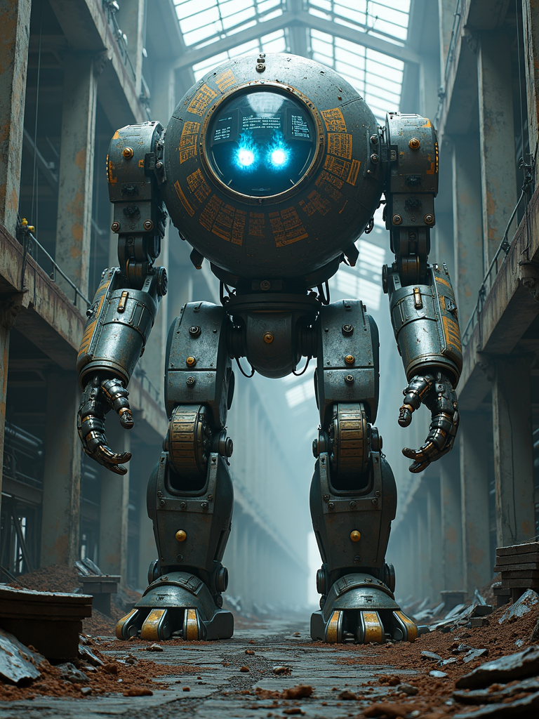 In an abandoned factory, there stands a huge mechanical creature. This creature is composed of countless metal parts and cables. Its body is tall and majestic, like a mountain forged by steel. The head of the mechanical creature is a huge round sphere. On the sphere, countless indicator lights and screens are flashing. The screens display complex codes and data. Its eyes are two balls of burning blue flames. It seems that there is endless power in the flames. The body of the mechanical creature is covered with a thick layer of armor. On the armor are engraved mysterious patterns and symbols. These patterns and symbols are flashing with golden light, as if telling the legendary story of this mechanical creature. At the feet of the mechanical creature is a broken metal ground. On the ground are scattered various parts and tools. The air is filled with the smell of oil and metal. The whole picture is filled with a sense of technology and futurism, as if it is a masterpiece from the science fiction world.
