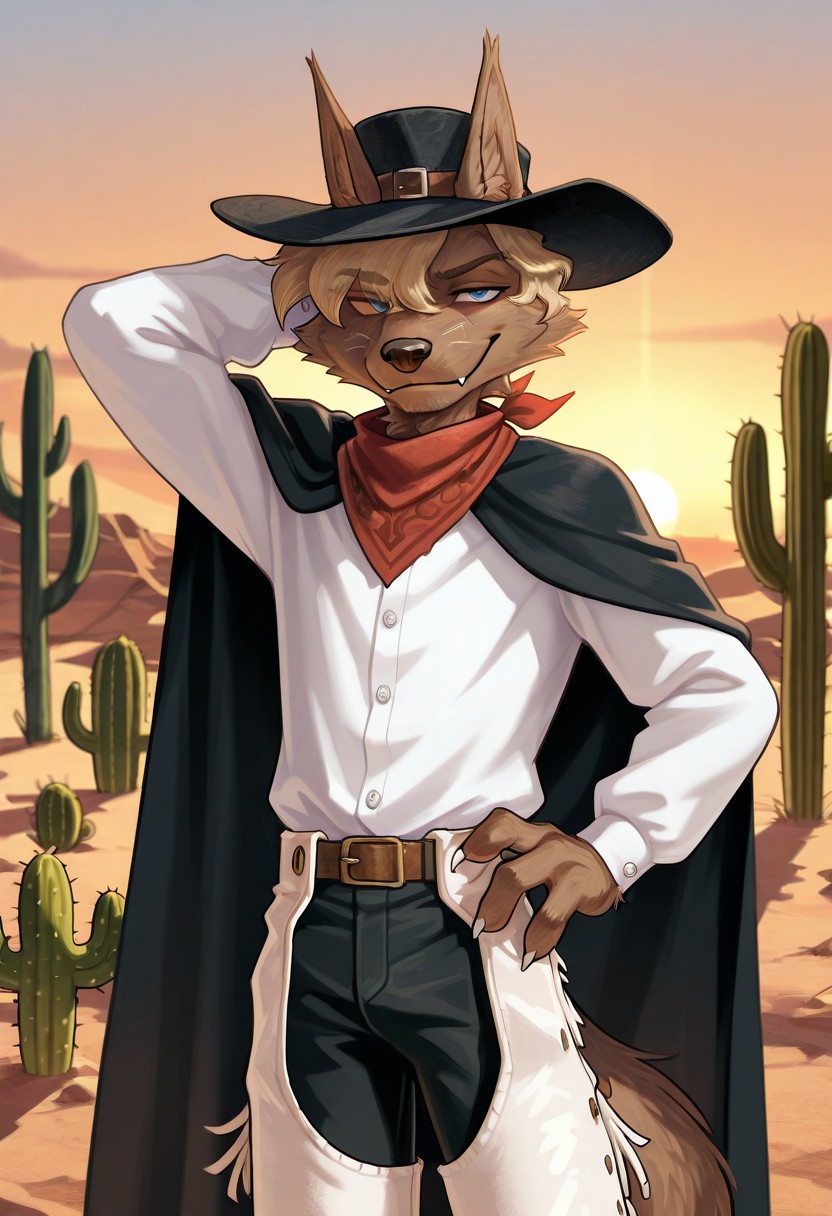 detailed background, detailed fur, cowboy shot, solo, 1boy, mid adult,  ProfessorGaon, wolf, blue eyes, smirk, head movement, western scenery, western background, outdoors, cactus, hand behind head, hand on hip, sunset, detailed scenery, black cape, white dress shirt, black hat, white chaps, black pants, red bandana, masterpiece, best quality, amazing quality, absurdres, newest, high res, ultra detailed, best quality, best artwork, detailed eyes, (eyes focus), perfect eyes, big iris, pupils visible, 4k, ultra quality, perfect face