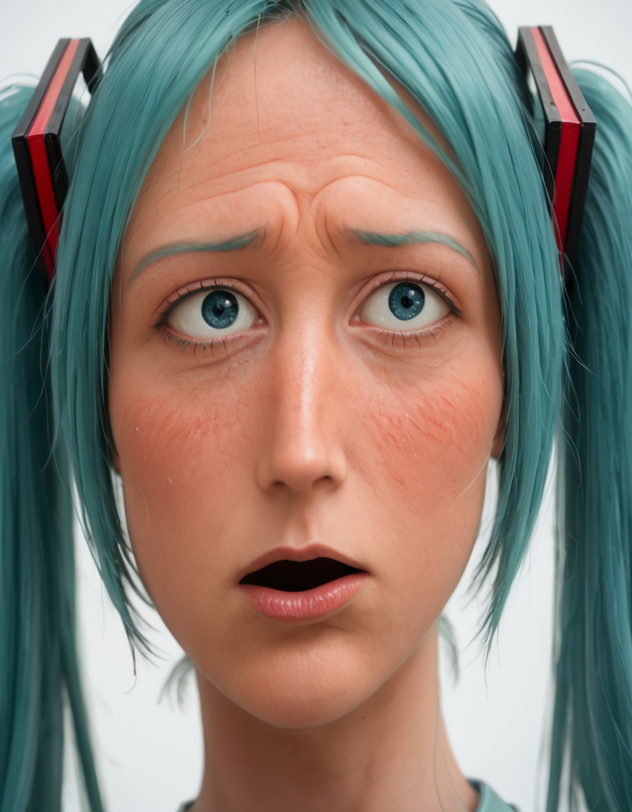 <lora:merriviuselfmeme_owned_pony:1.4> merriviuselfmeme_owned, shock, concern, wide eyes, slightly parted lips, hatsune miku