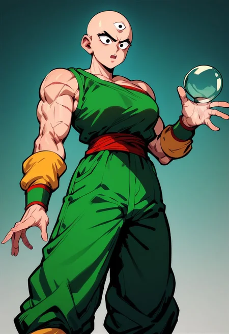 score_9, score_8_up,score_7_up, score_6_up, score_5_up, score_4_up,score_9, score_8_up, score_7_up, tien, third eye, bald, black eyes, muscular female, green shirt, single bare shoulder, scar on chest, green pants, green wristband, red sash, sleeveless, yellow leg warmers, black flats, shocked expression, standing, holding empty glass vial, genderswap \(mtf\)