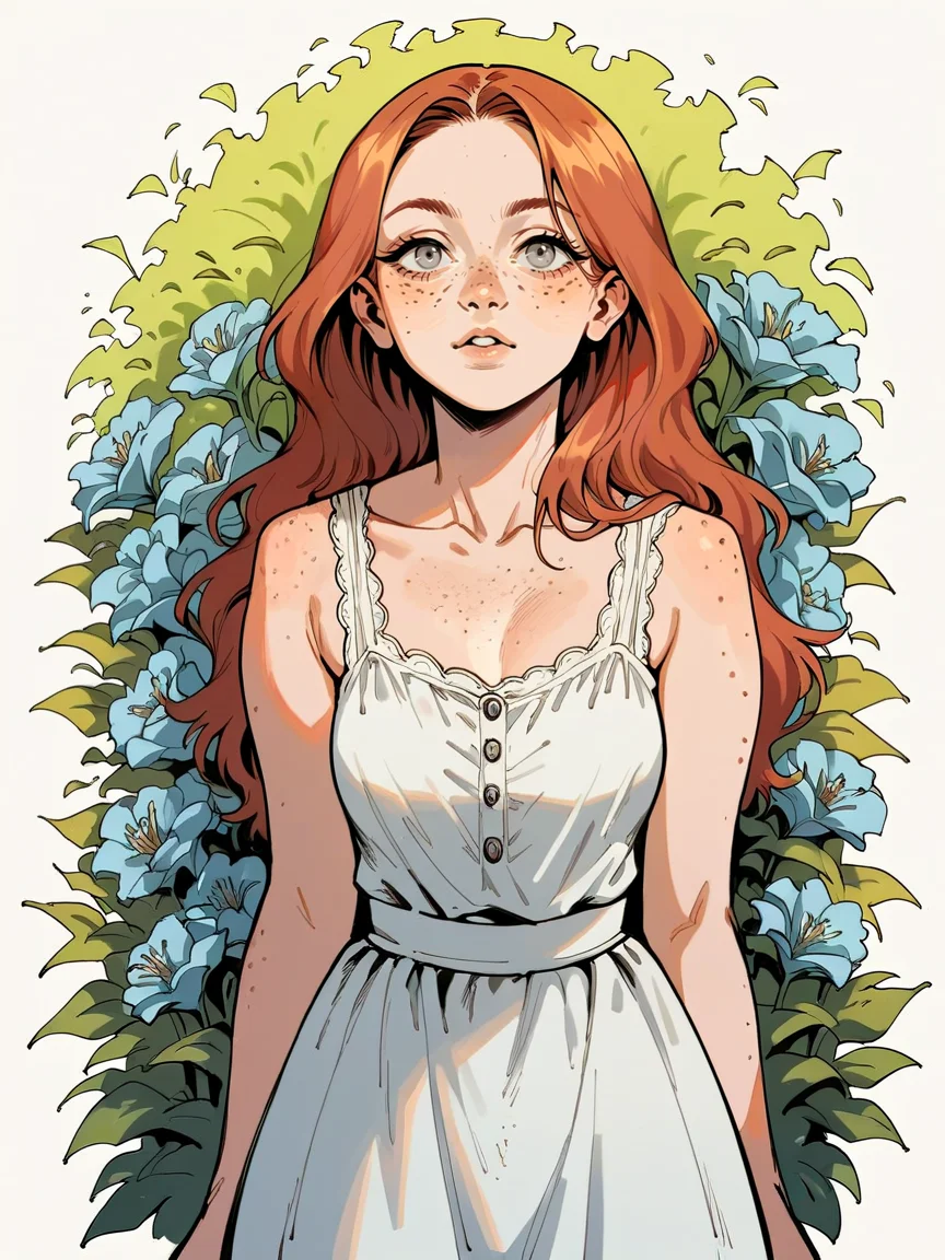 <lora:sk3tchw4t3rXLP2:0.7> sk3tchw4t3r, 1girl, long hair, sundress, flowers, Fr3ckles,1girl, freckles, grey eyes, score_9. score_8_up, score_7_up, score_6_up, score_5_up, score_4_up, <lora:Fr3ckledXLP:0.5>