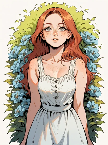 <lora:sk3tchw4t3rXLP2:0.7> sk3tchw4t3r, 1girl, long hair, sundress, flowers, Fr3ckles,1girl, freckles, grey eyes, score_9. score_8_up, score_7_up, score_6_up, score_5_up, score_4_up, <lora:Fr3ckledXLP:0.5>