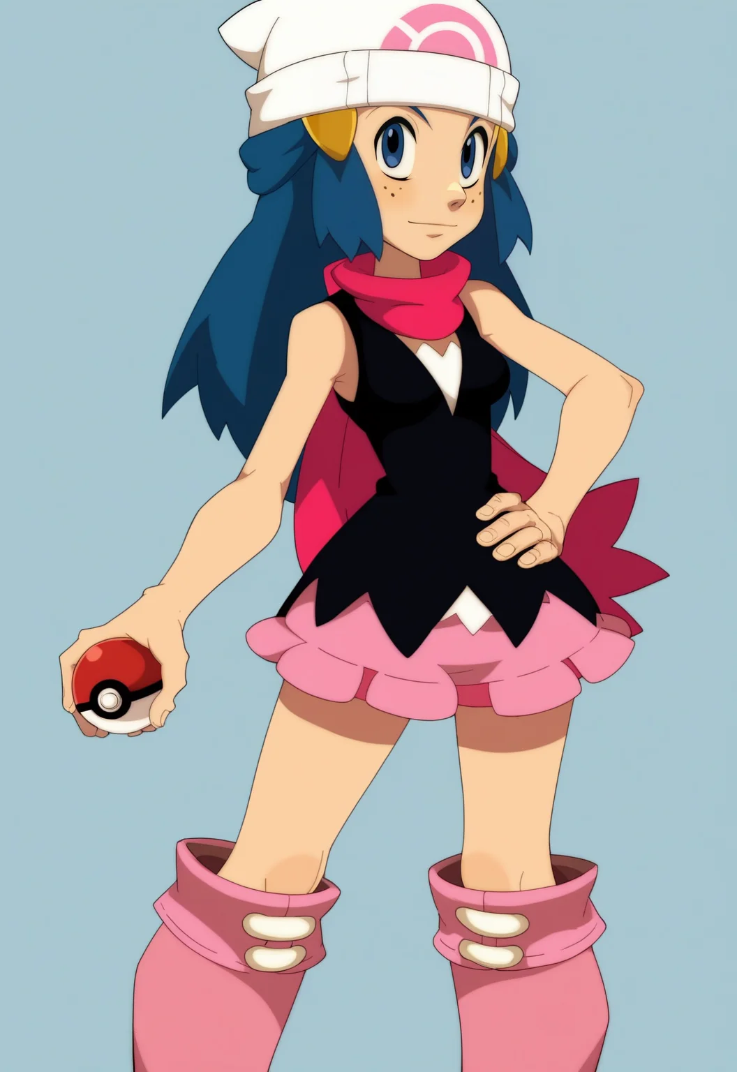 score_9, score_8_up, score_7_up, wakfu, BREAK,
1girl, dawn \(pokemon\) holding pokeball, beanie, long hair, blue hair, blue eyes, black sleeveless shirt, pink scarf, pink skirt, pink boots, standing, hand on hips, solo, simple background <lora:WakfuPDXL_byKonan:1>