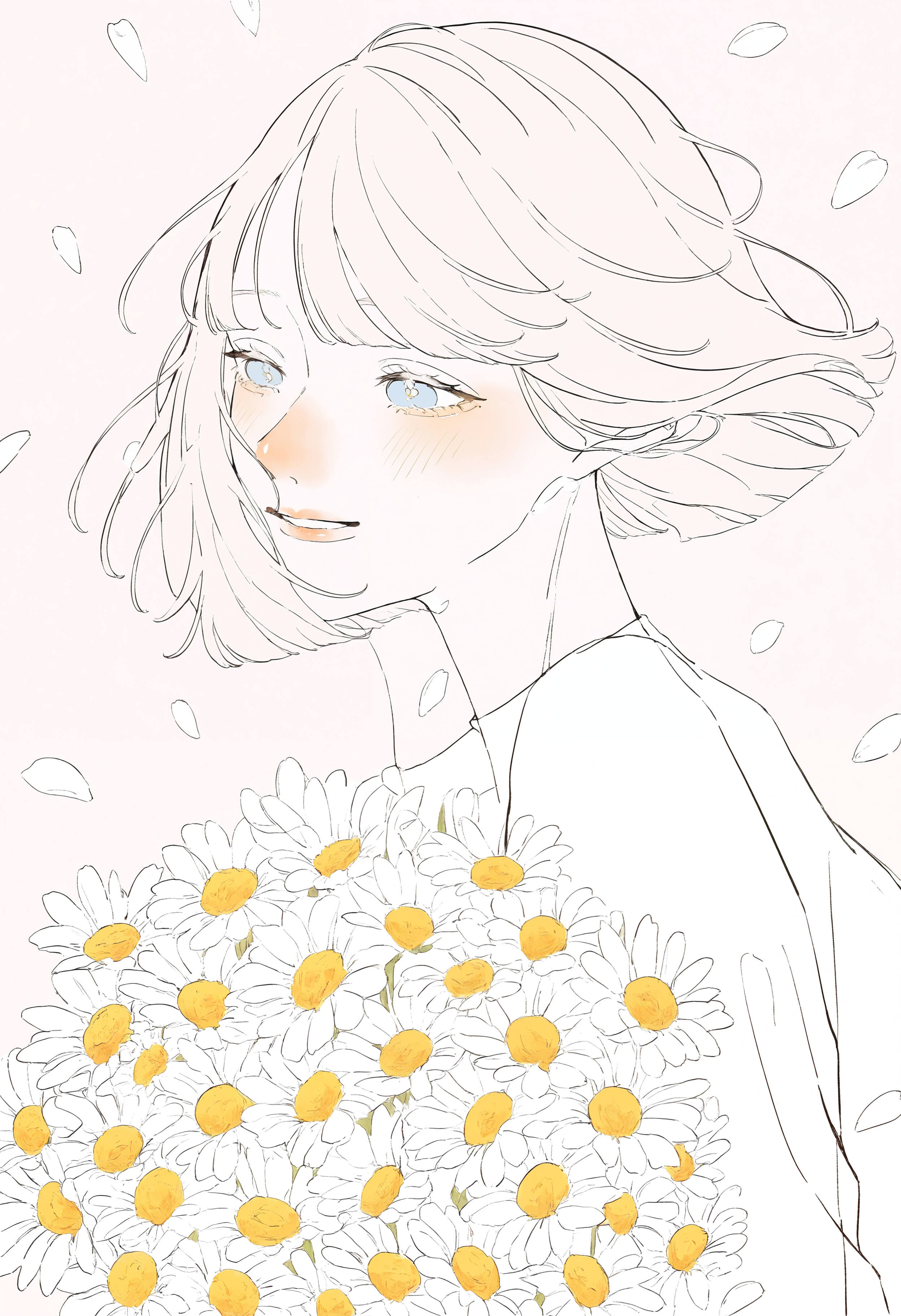 masterpiece, highres, absurdres, newest, very awa, blending,   1girl, solo, round face, short hair, bob cut, swept bangs, floating hair, side view, falling petals, holding bouquet, daisy,    <lora:spo_sdxl_10ep_4k-data_lora_webui>,  <lora:TA_trained:0.35>,  <lora:NOOB_EPSv1_1_detailer_by_vlnvk_v0_5>,  <lora:shim_46:0.8>