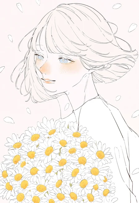 masterpiece, highres, absurdres, newest, very awa, blending, 1girl, solo, round face, short hair, bob cut, swept bangs, floating hair, side view, falling petals, holding bouquet, daisy, <lora:spo_sdxl_10ep_4k-data_lora_webui>, <lora:TA_trained:0.35>, <lora:NOOB_EPSv1_1_detailer_by_vlnvk_v0_5>, <lora:shim_46:0.8>