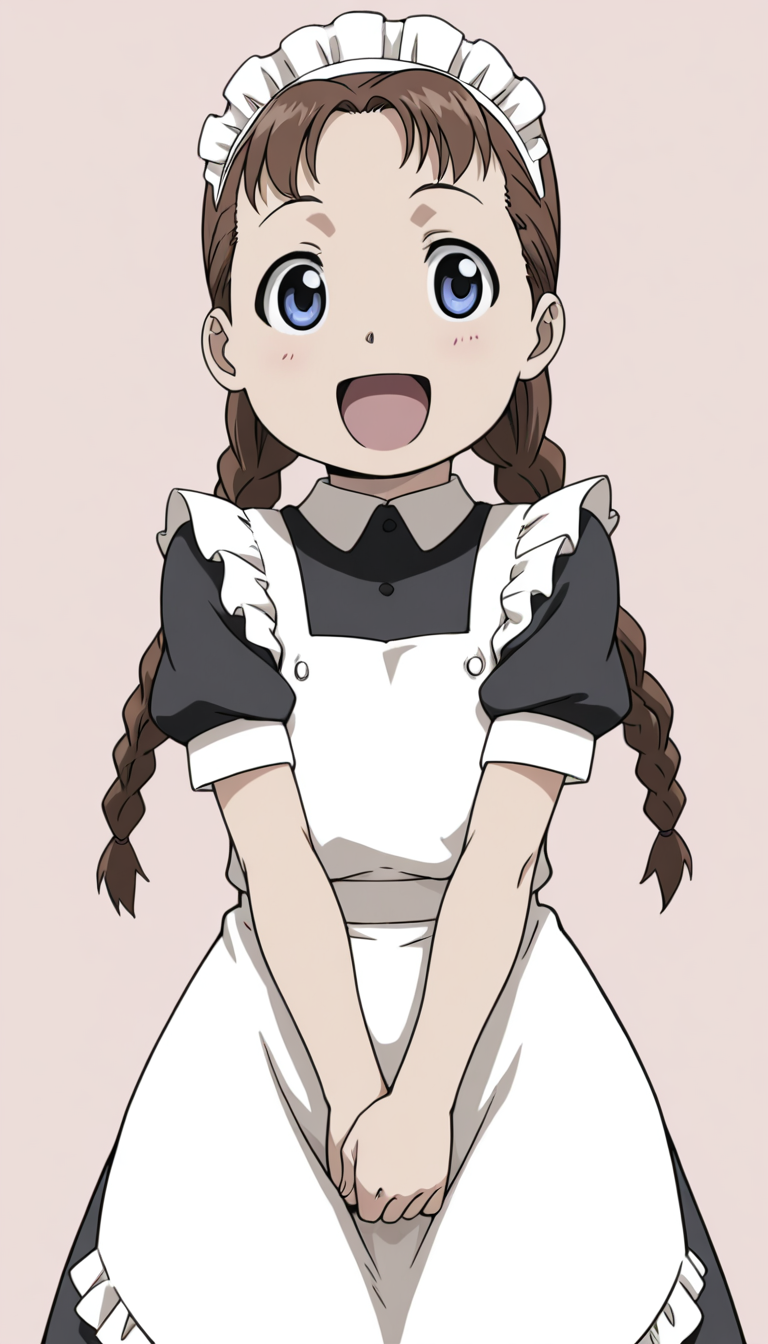 <lora:Nina_Tucker:1>,nina tucker,brown hair,braid,blue eyes,twin braids,maid headdress,maid,simple background,happy,, masterpiece,best quality,amazing quality