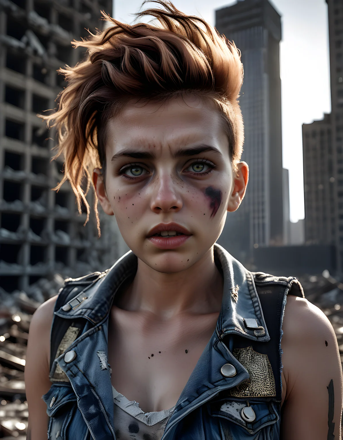M4R150L, In a gritty, post-apocalyptic urban landscape, a resilient woman with a distinctive mohawk hairstyle and freckles, adorned in a ripped denim vest embellished with intricate metallic patches, stands defiantly against the backdrop of a crumbling skyscraper. Her brown eyes are filled with determination as she looks directly at the viewer, her parted lips slightly pursed, revealing a hint of red lipstick. The image is captured from a low angle, emphasizing her strength and dominance, under stark, moody lighting that casts deep shadows across her face and the desolate cityscape behind her. The emotional tone of this close-up portrait is one of fierce resilience and unwavering spirit amidst a world on the brink of collapse.