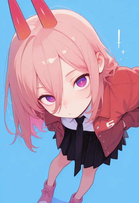 score_9, score_8_up, score_7_up, score_6_up, masterpiece, best quality, newest, absurdres, highres, traditional media, 1girl, CivChan, black necktie, necktie, solo, medium hair, purple eyes, pink hair, shirt, jacket, white shirt, skirt, pink footwear, collared shirt, shoes, blue background, simple background, power \(chainsaw man\), hands in pockets, facing viewer, looking at viewer, leaning forward, close-up, red jacket, from above, upturned eyes, close-up,portrait, Colorful themes,High Saturation, haiz_ai, no lineart,no outline