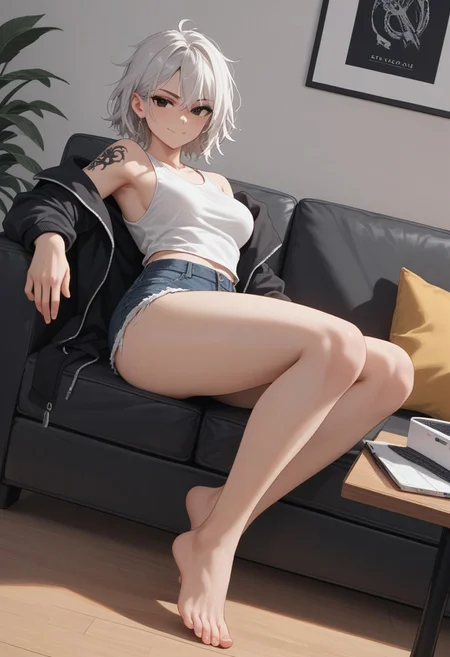 score_9, score_8_up, score_7_up, 26 years old,, zPDXL3, 1girl, solo, medium breasts, white hair, detailed eyes, from side,
(full body shot, reclining, sofa:1.4), eyeshadow, tattoo on arm, 
black eyes, medium hair, messy hair, dutch angle, chair, (white tanktop, black hoodie,  bare shoulders), denim shorts, pantyhose, indoors, computer desk, ight,   relaxed, bedroom, (smug:1.2) blush, looking at viewer, leaning back, dynamic light