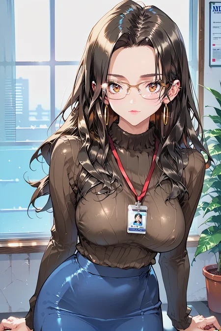 score_9, score_8_up, score_7_up, score_6_up,
1girl, solo, ct_yeon, long hair, semi-rimless eyewear, (large breasts), hoop earrings, pure skin, black hair, brown eyes,
black turtleneck sweater, lanyard, id card, blue pencil skirt,
looking at viewer,
office, window blinds,
urushihara satoshi style, detailed background,
<lora:SoYeonGoo_Pony_ct:0.8>, <lora:woman_consistency_v2-loha:0.4>, <lora:super lora_flyx3_XL_PONY:0.4>, <lora:pixivtext2:0.2>, <lora:AenuaV1:0.5> , <lora:gg3:0.6>, <lora:Akizero_v2.3_retrain:0.3> , <lora:cnv3mdde878c738thn20:0.4>, <lora:Seto_Yuuki_PonyXL_dim32:0.35> , <lora:ZHAOP:0.35>, <lora:style1:0.4>, <lora:Sleepy_Style_HentaiSFW:0.4>