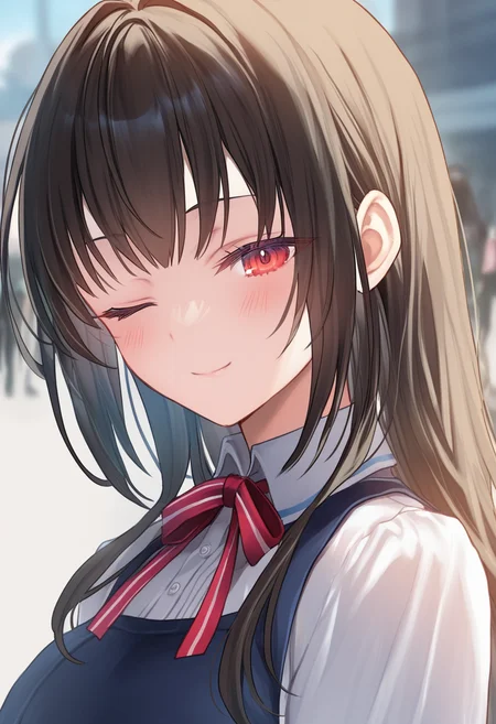 (explict), chiharayukine, solo, portrait, looking at viewer, (from front:1.2), blurry background, red colored eyes, blushed, (masterpiece), (best quality), (ultra detailed), shine, solo, wink, closeup, (masterpiece, best quality, amazing quality, highres, absurdres, very aesthetic, depth of field), <lora:chihara_yukine-V3.1:0.9>