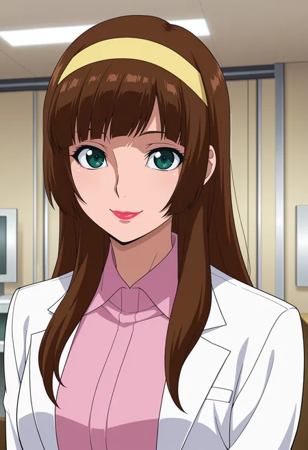 1girl,solo,mm,mature female,long hair,hairband,lipstick,brown hair,green eyes,bangs,anime coloring,
labcoat,pink shirt,upper body, looking at viewer, smile,indoors
,masterpiece,best quality,amazing quality,<lora:Sayaka_Yumi-Mazinger_Z_Movie-Infinity:0.8>