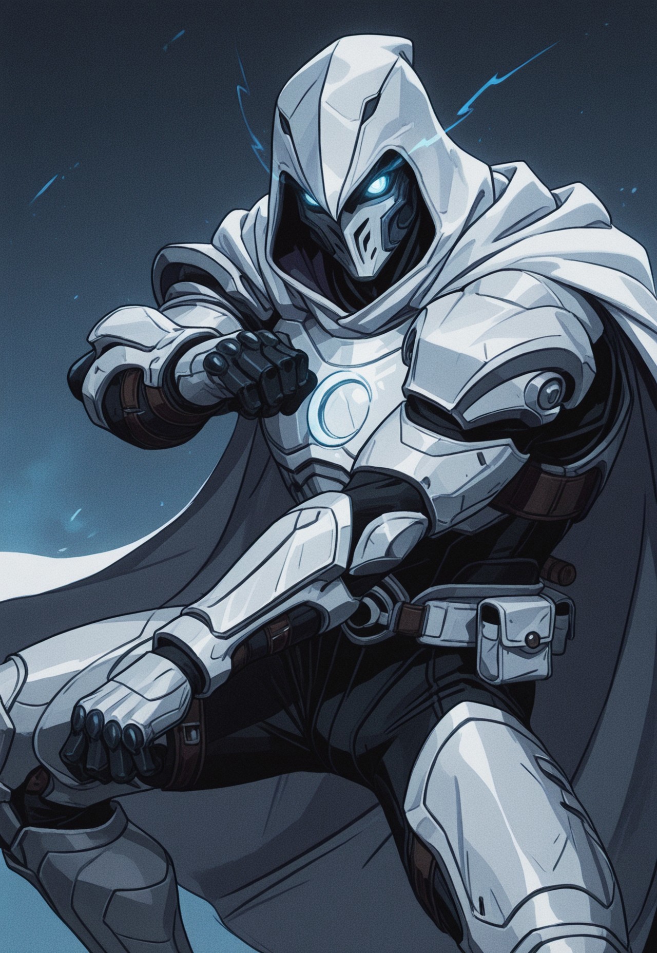 moonknight, 1boy, hood, armor, cape, glowing eyes, blue eyes, mask, fighting stance,
masterpiece, high quality,
melanch0ly, solo, retro anime, 1990s,