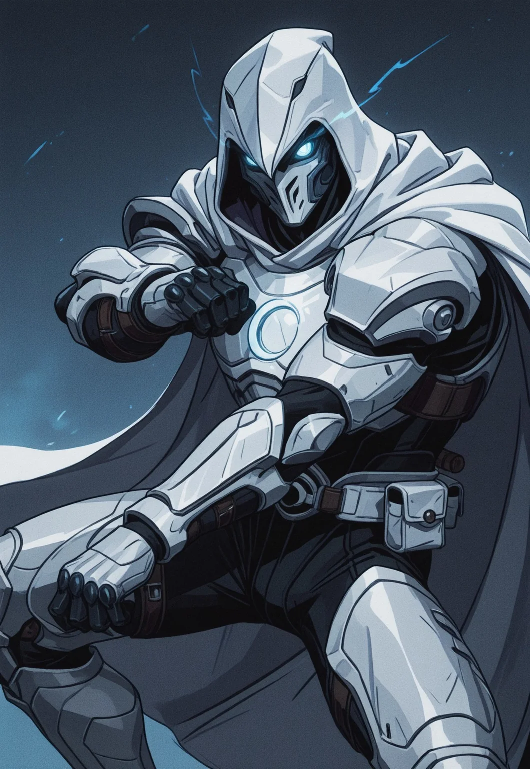 moonknight, 1boy, hood, armor, cape, glowing eyes, blue eyes, mask, fighting stance,
masterpiece, high quality,
melanch0ly, solo, retro anime, 1990s,