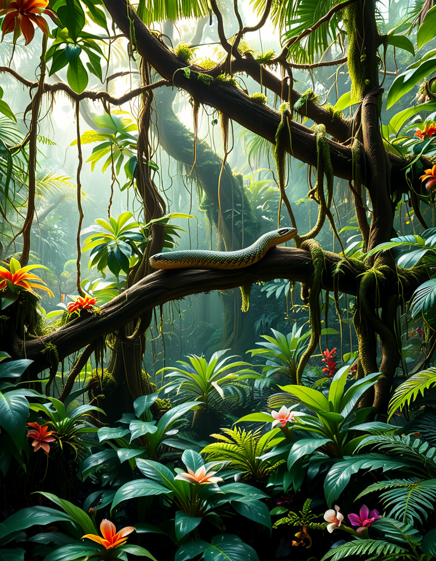 A dense and vibrant jungle,jungl3, captured in a realistic photographic style, with lush green foliage of various tropical plants, tall trees covered in moss and vines, and sunlight filtering softly through the canopy above. The atmosphere feels humid and alive, with small details such as ferns, orchids, and a scattering of tropical flowers in shades of red, yellow, and purple. A narrow, winding dirt path cuts through the undergrowth, partially hidden by fallen leaves and roots. The scene feels immersive and serene, with subtle mist lingering in the distance, enhancing the sense of depth and mystery. The overall lighting is natural, with dappled sunlight creating dynamic shadows on the ground and the surrounding plants.
<lora:jungl3:1><lora:SDXLFaeTastic2400:0.4> <lora:extremely_detailed:0.4> extremely detailed, Masterpiece,best quality,hi res,8k,hi res,8k,award winning,(sharp focus, intricate, highly detailed),