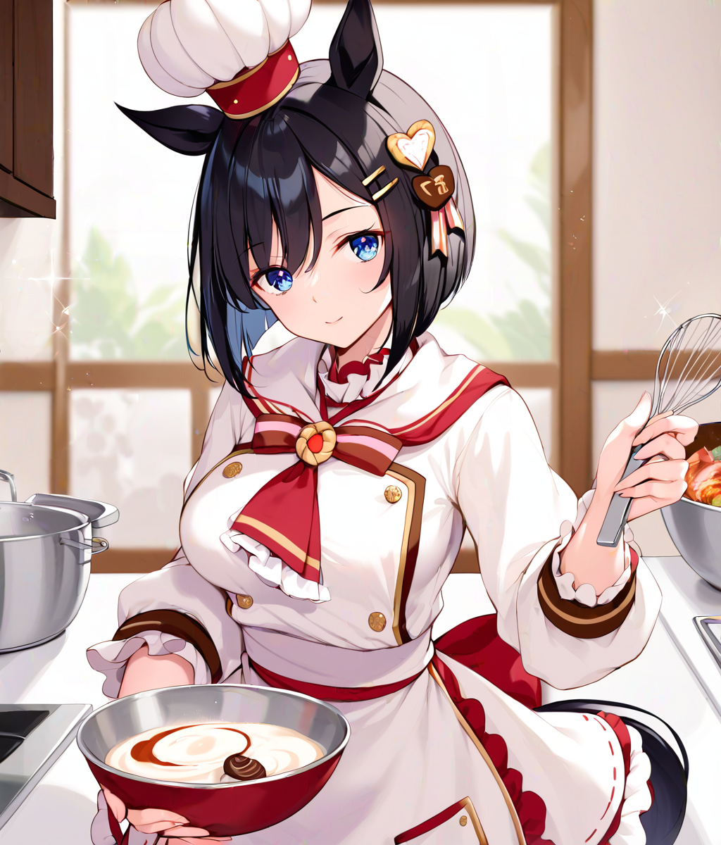 score_9, score_8_up, score_7_up, source_anime, 2D, anime BREAK
collect_chocolatier, 1girl, solo, breasts, looking at viewer, blush, short hair, bangs, blue eyes, black hair, hair ornament, long sleeves, hat, holding, animal ears, hair between eyes, tail, frills, food, hairclip, indoors, blurry, apron, official alternate costume, ascot, sparkle, white headwear, bob cut, horse ears, horse girl, horse tail, bowl, mini hat, kitchen, chef hat, spatula, whisk, mixing bowl, 
<lora:eishin_flash-ponyXL:0.8>,